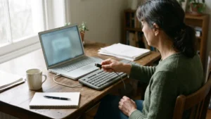 Utilisatrice débranchant le câble USB d’un clavier externe devant un ordinateur portable