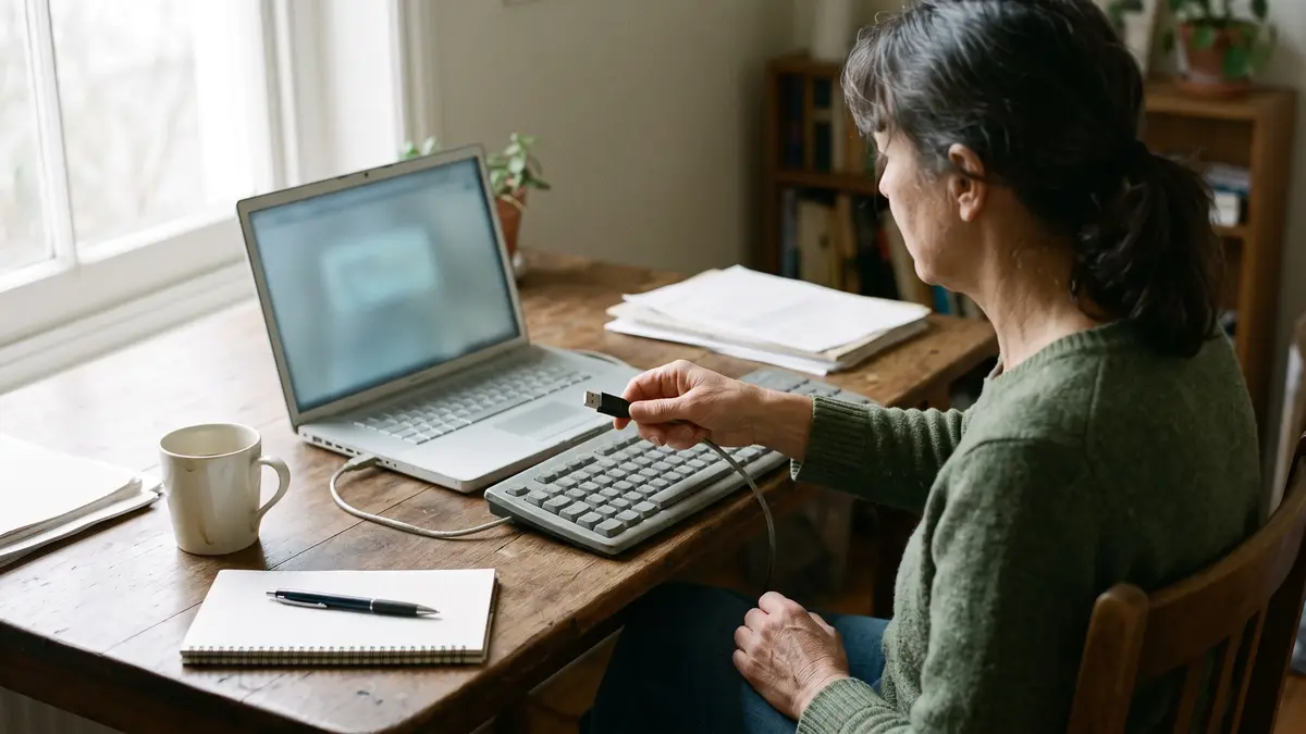 Utilisatrice débranchant le câble USB d’un clavier externe devant un ordinateur portable