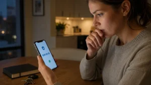 Personne vérifiant avec prudence un code de sécurité reçu sur WhatsApp.