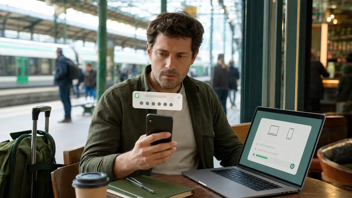 Voyageur vérifiant ses appareils connectés après un code WhatsApp non demandé.