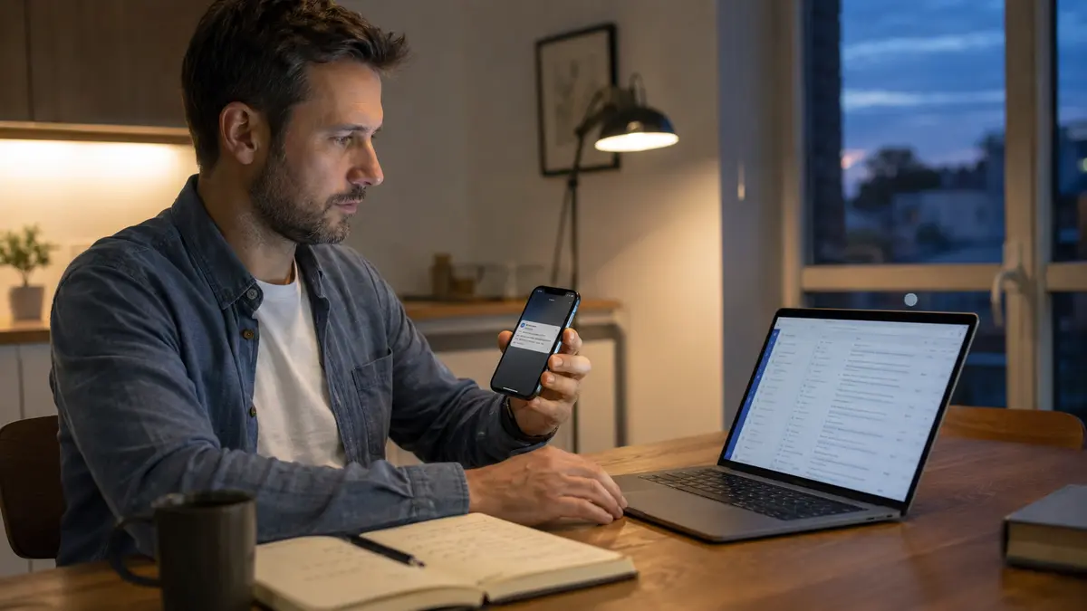 Utilisateur comparant une alerte de connexion sur son téléphone avec l’activité de sa messagerie sur ordinateur.