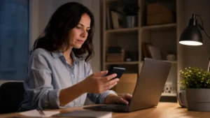 Connexion inhabituelle sur un compte Google : que faire ? Personne vérifiant une alerte de sécurité de compte sur un ordinateur et un smartphone