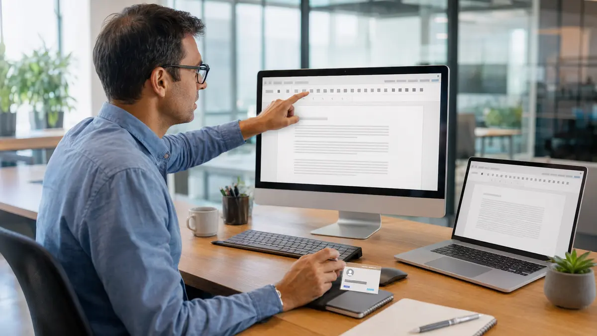 Professionnel comparant Word sur ordinateur et sur le Web pour retrouver un bouton d’assistant IA absent.