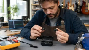 Technicien comparant deux écouteurs Bluetooth et leurs contacts de charge dans un atelier audio.