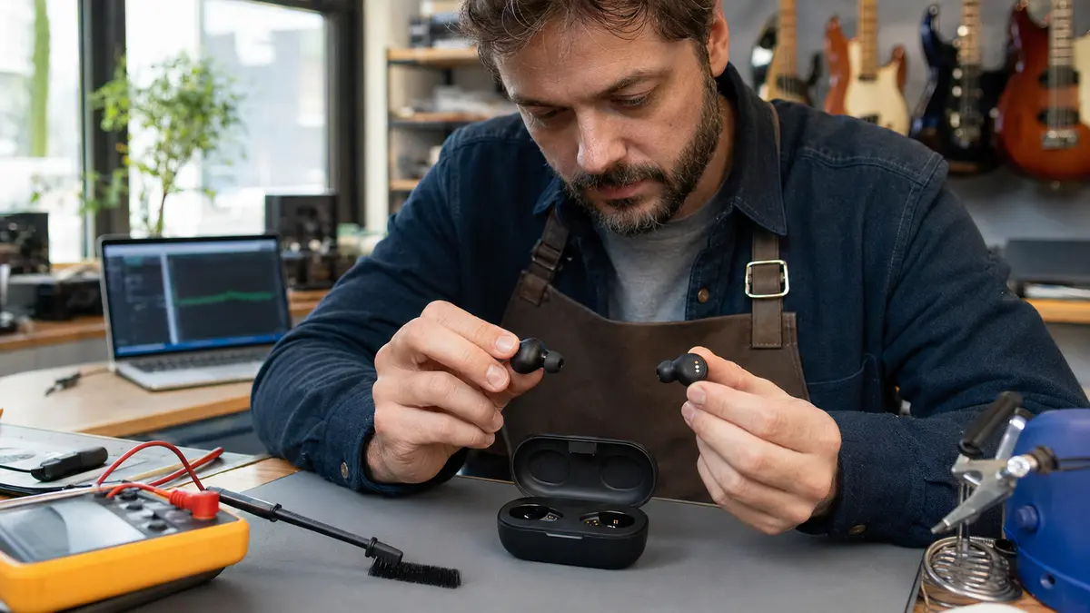 Technicien comparant deux écouteurs Bluetooth et leurs contacts de charge dans un atelier audio.