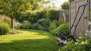Jardin entretenu avec pelouse, arbre fruitier, massifs et outils de jardinage