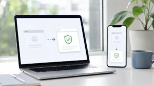 Ordinateur et téléphone illustrant une redirection de Facebim vers une nouvelle identité
