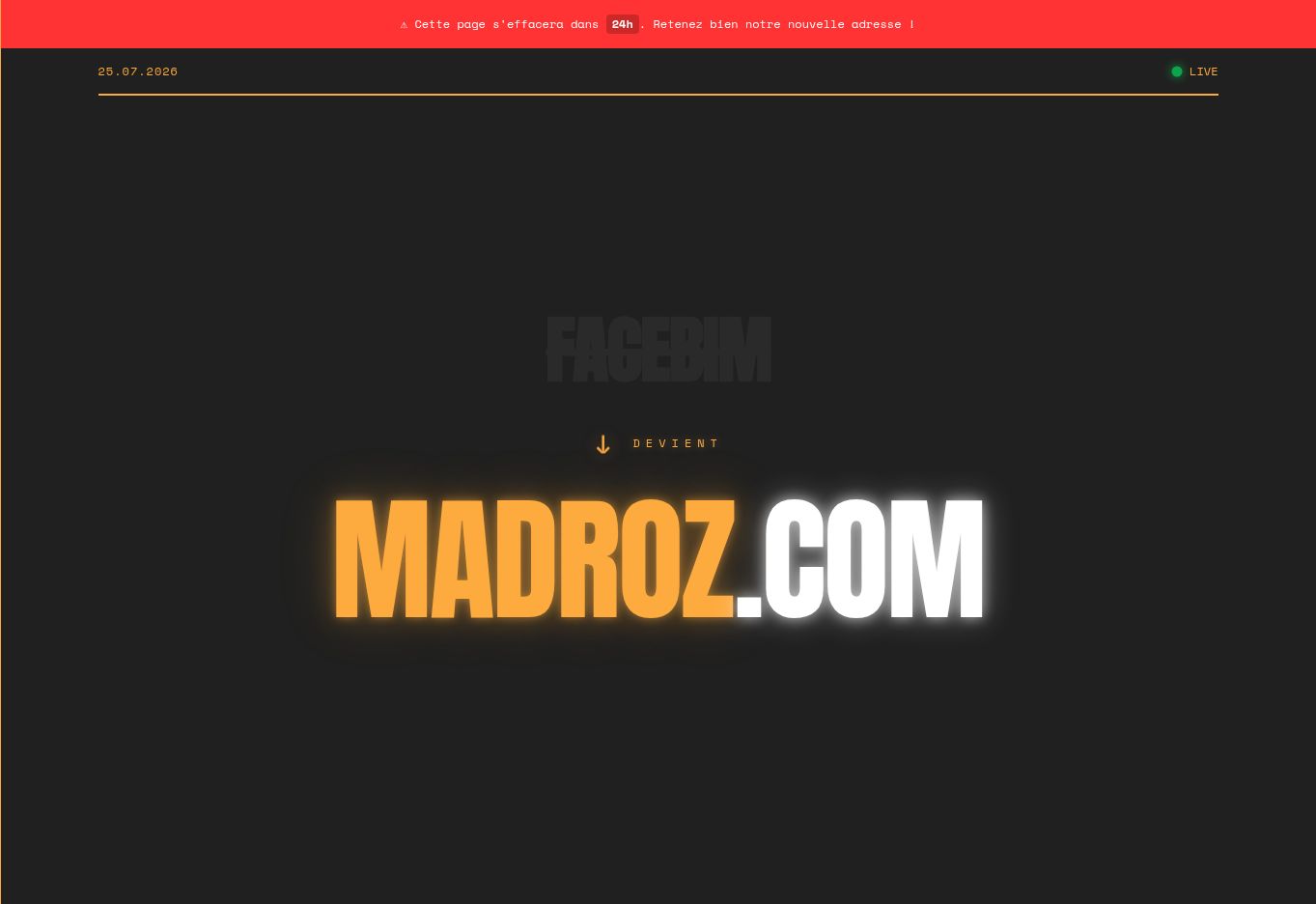 Page Facebim annonçant MADROZ.COM le 25 juillet 2026 — statut recontrôlé le 1er août 2026