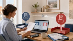 Micro-entrepreneuse préparant deux étapes distinctes de réception et d’émission des factures électroniques.