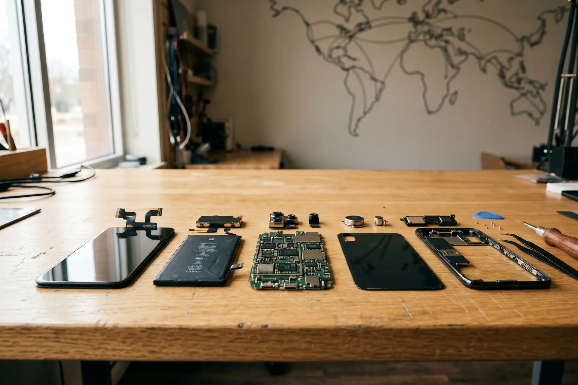 Composants d'un smartphone disposés sur un bureau, illustration de la DIPP (décomposition internationale du processus productif)