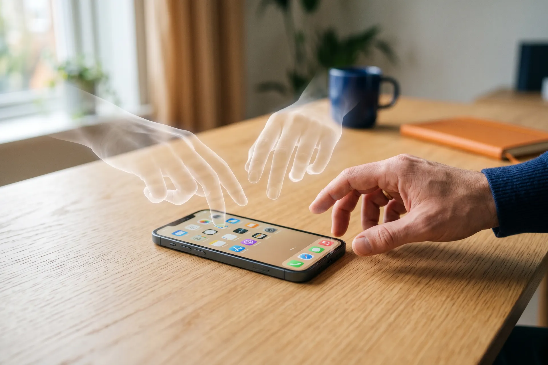 Smartphone avec mains fantômes symbolisant le ghost touch sur Android