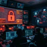 Salle de contrôle cyberdark : écran rouge montrant un cadenas sur des fichiers chiffrés, hologramme réseau avec hôpitaux, universités, banques, mairies et usines déconnectés