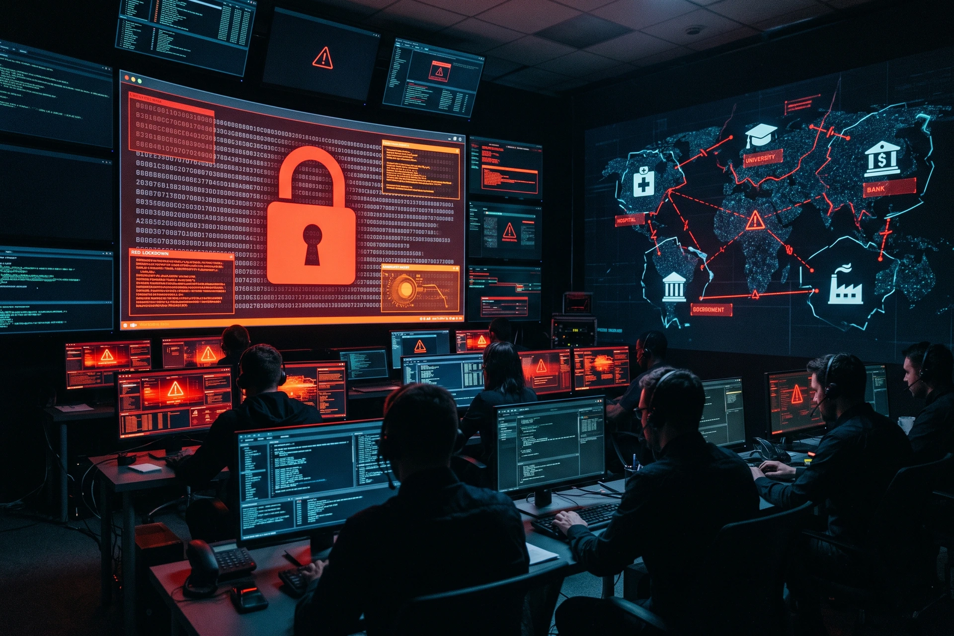 Salle de contrôle cyberdark : écran rouge montrant un cadenas sur des fichiers chiffrés, hologramme réseau avec hôpitaux, universités, banques, mairies et usines déconnectés