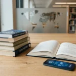 Bibliothèque moderne avec livres et smartphone affichant un VPN, illustration Z-Library en 2026