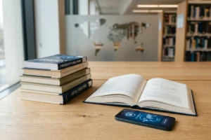 Bibliothèque moderne avec livres et smartphone affichant un VPN, illustration Z-Library en 2026