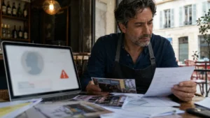 Restaurateur réunissant photos de façade et justificatifs avant un recours sur sa fiche d’établissement.