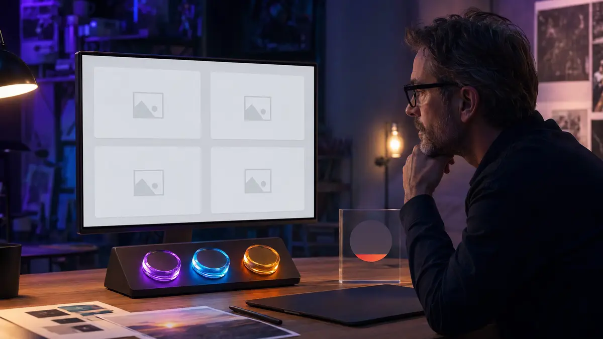 Créatif observant des vignettes d’image vides et trois choix de modèle dans un studio.