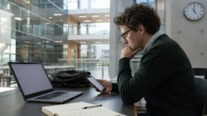 Chercheur comparant une absence de réponse d’assistant numérique sur ordinateur et téléphone.