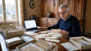 Archiviste comparant de vieilles lettres datées avec une recherche de messages sur ordinateur.