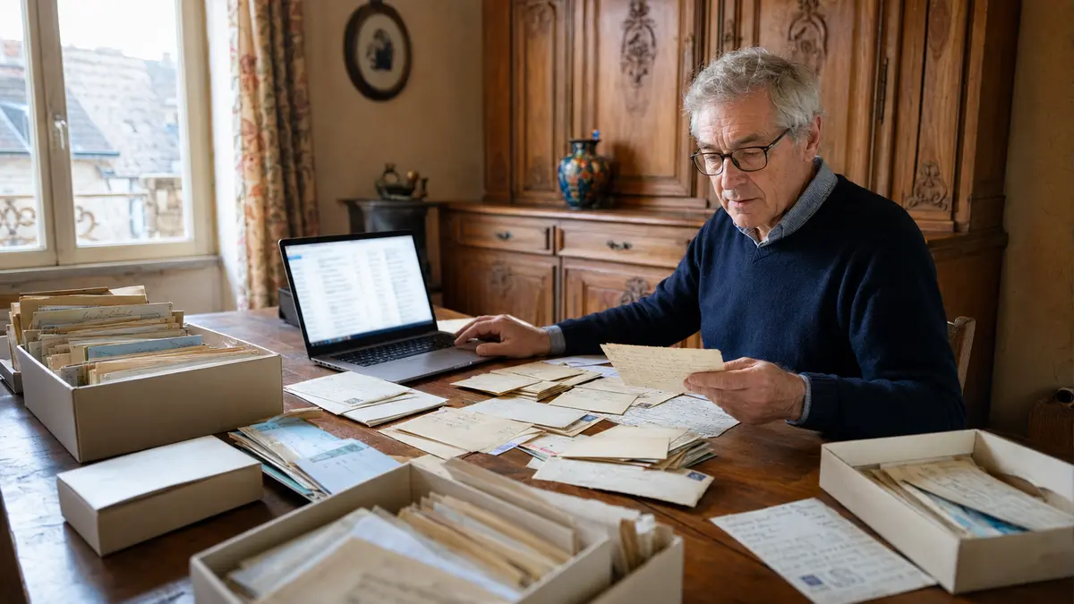 Archiviste comparant de vieilles lettres datées avec une recherche de messages sur ordinateur.