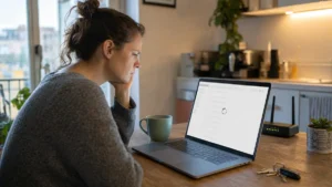 Utilisatrice devant une messagerie Gmail qui reste bloquée au chargement.