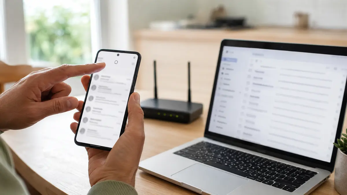 Personne actualisant une boîte de réception sur un smartphone Android près d’un ordinateur portable