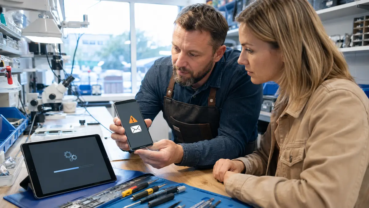 Technicien vérifiant les services système d’un téléphone dont Gmail ne démarre plus.