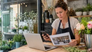 Fleuriste comparant les informations publiques de son établissement sur un téléphone et un ordinateur.