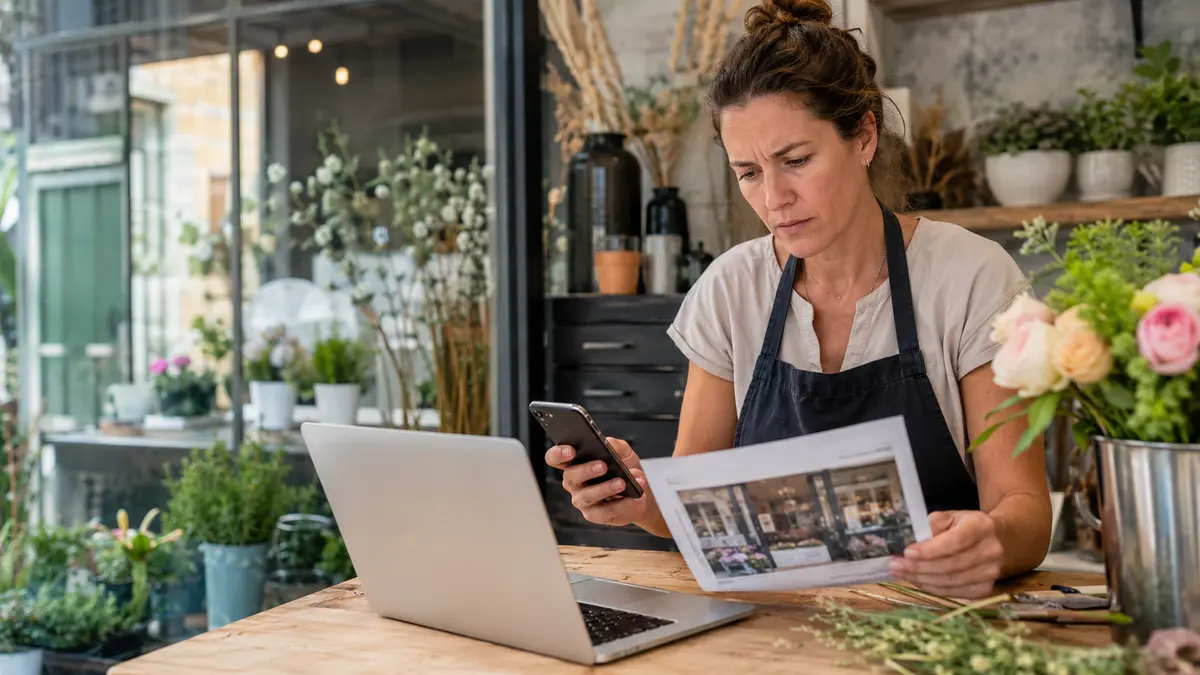 Fleuriste comparant les informations publiques de son établissement sur un téléphone et un ordinateur.