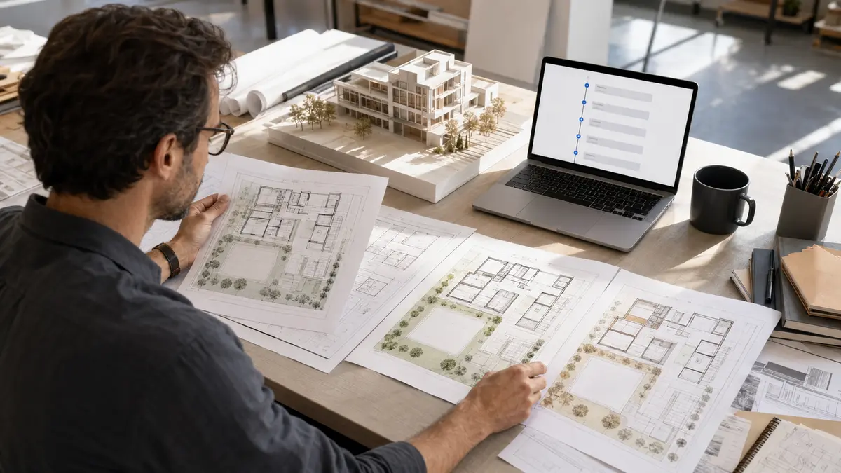 Architecte comparant plusieurs versions datées d’un plan avec une chronologie numérique.