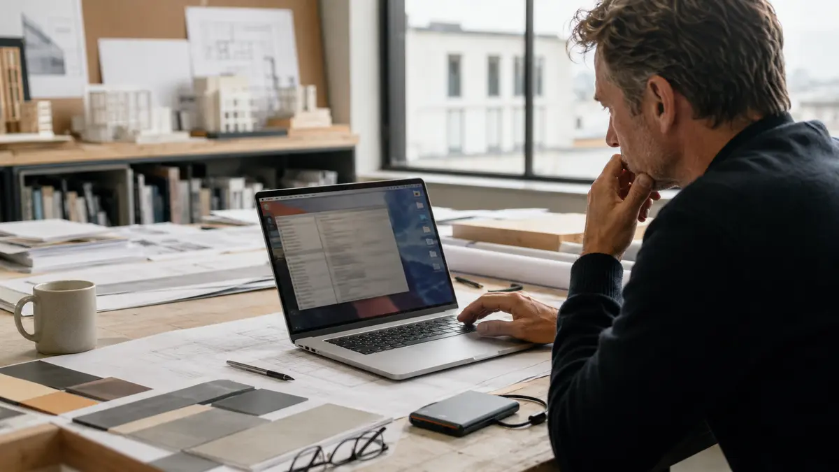 Architecte vérifiant Google Drive sur un Mac dans un studio de travail avec un disque de sauvegarde à proximité.