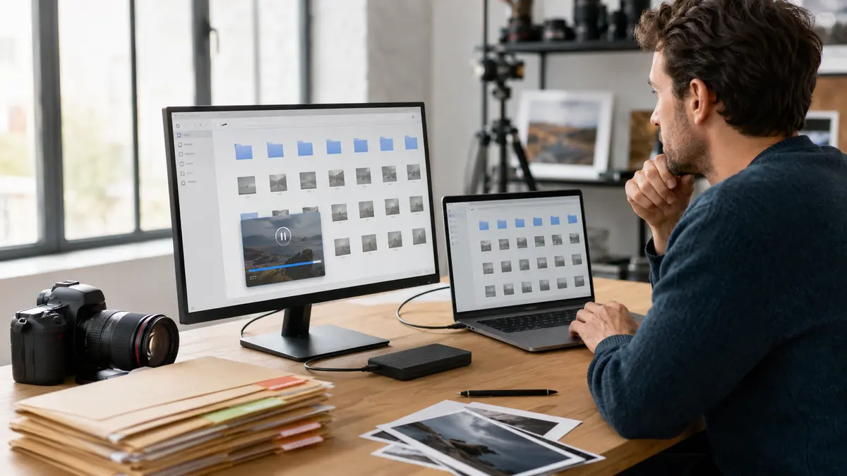 Photographe comparant des dossiers locaux et cloud après une synchronisation Google Drive interrompue.
