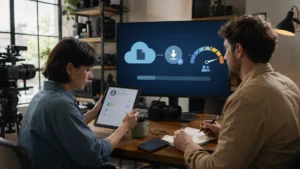 Équipe de création face à un téléchargement cloud interrompu par une limite de bande passante.