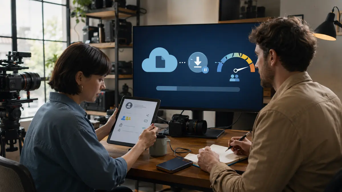 Équipe de création face à un téléchargement cloud interrompu par une limite de bande passante.