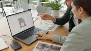 Deux collègues face à un téléchargement de fichier bloqué dans Google Drive.