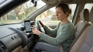 Conductrice garée regardant une application de navigation générique fermée sur son téléphone
