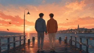 Deux jeunes hommes se tenant la main sur une jetée au coucher du soleil, illustration de la fin de Heartstopper Forever