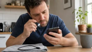 Personne inspectant le port de charge sec d’un téléphone avec une lampe