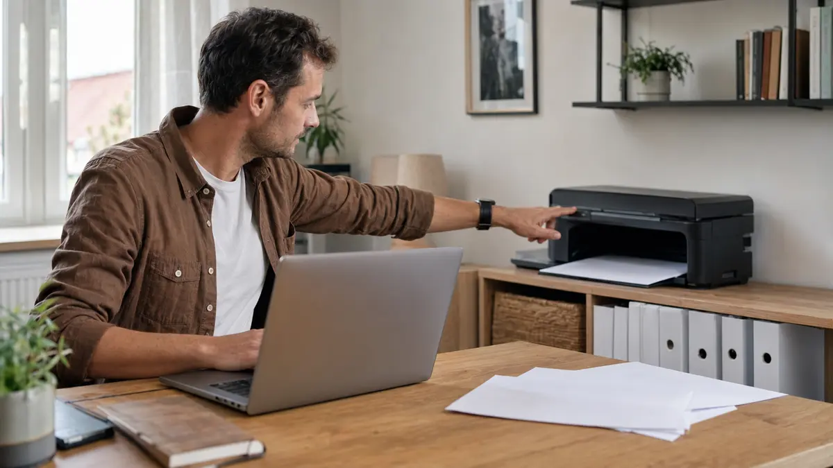 Personne vérifiant une imprimante sans fil indiquée hors connexion sur un ordinateur portable