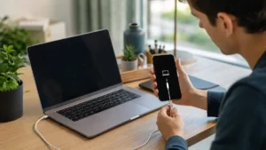 Utilisateur connectant un iPhone en mode récupération à un ordinateur avec un câble de données.
