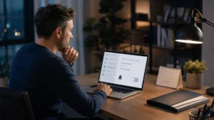 Professionnel désactivant la notification réseau avant de modifier son poste LinkedIn.
