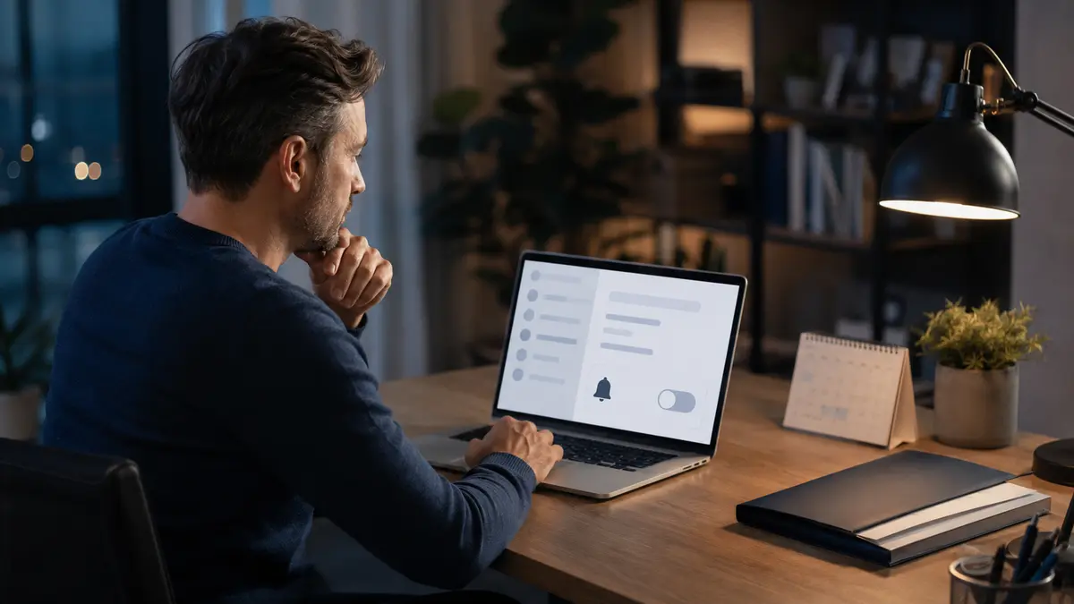 Professionnel désactivant la notification réseau avant de modifier son poste LinkedIn.