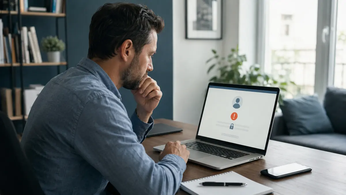 Professionnel confronté à la restriction de son compte LinkedIn sur un ordinateur.