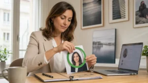 Professionnelle retirant le cadre vert de sa photo tout en conservant ses critères d’emploi.