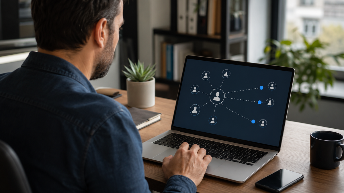 Professionnel vérifiant des invitations LinkedIn envoyées sans son accord sur un ordinateur