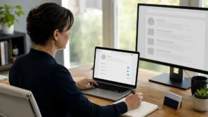 Professionnelle réglant la visibilité publique de son profil LinkedIn avant une mise à jour de Google.