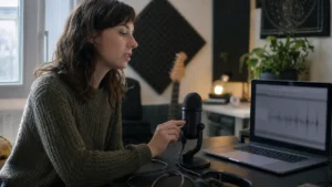 Personne testant un microphone externe devant un ordinateur portable
