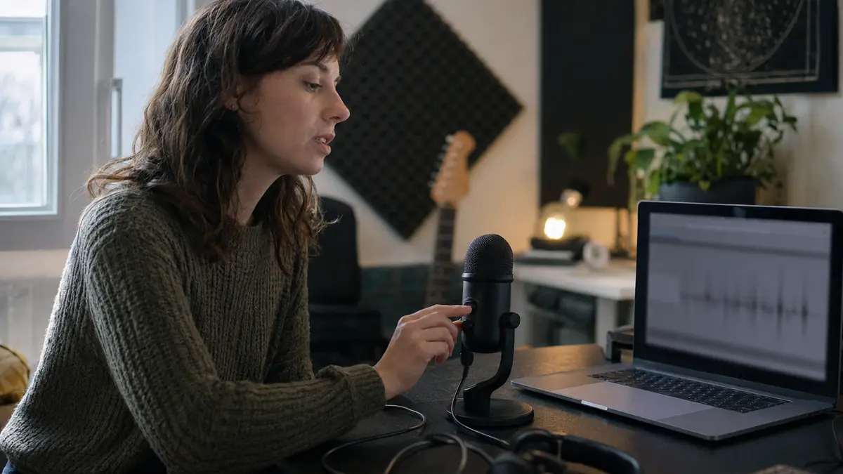 Personne testant un microphone externe devant un ordinateur portable
