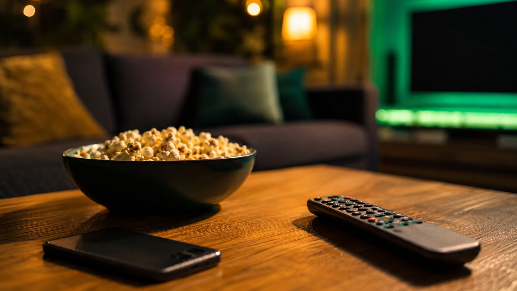 Télécommande, popcorn et smartphone préparés pour une soirée streaming