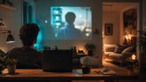 Soirée streaming à domicile avec ordinateur et vidéoprojecteur